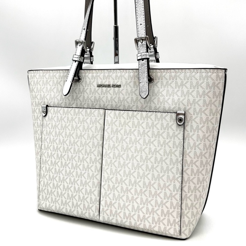 Michael Kors Jet Set Medium Logo Pocket Tote Bag Vanilla/Grey - Picture 2 of 13
